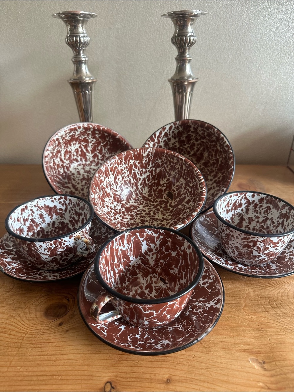 Vintage Spatterware Brown & White   Set 3 cups 3 bowls 3 saucers